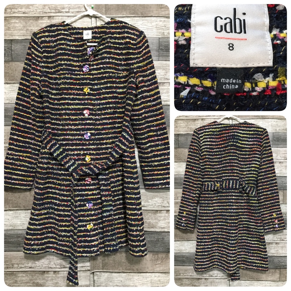 CAbi #5660 Headline Topper Coat Tweed Sz 8 Colorful Floral Buttons Boho Cottage